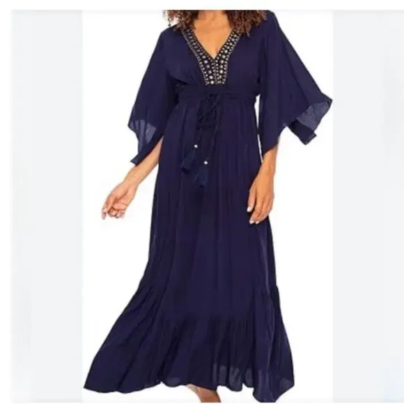 Back From Bali Blue V Neck with Embellishments Maxi Dress Short Sleeves Small - Picture 1 of 13